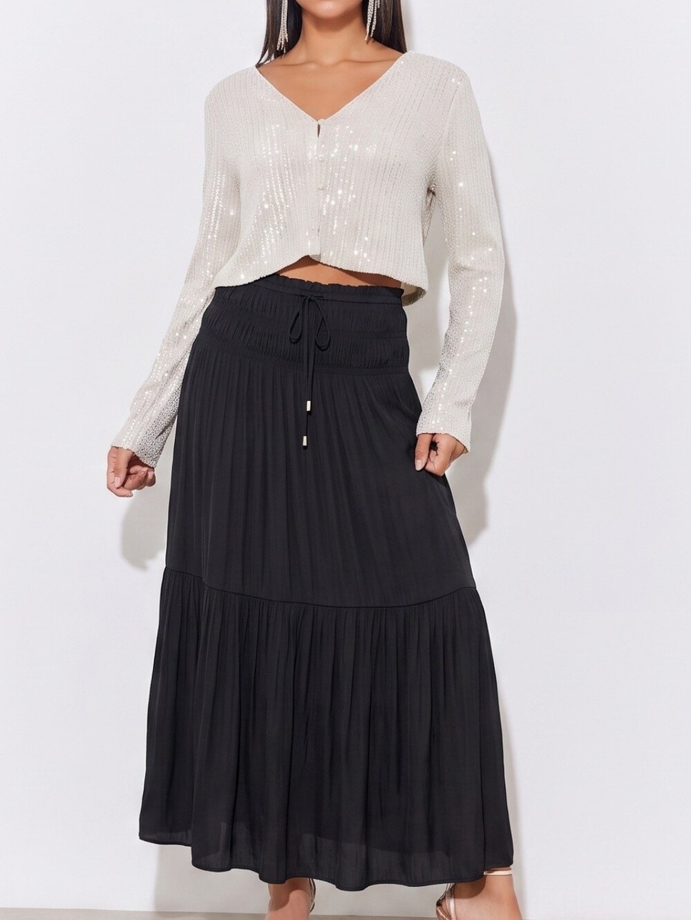 Maison D'Amelie Black MAXI Silky LONG Bohemian Skirt Long Flowly Large NEW SATIN